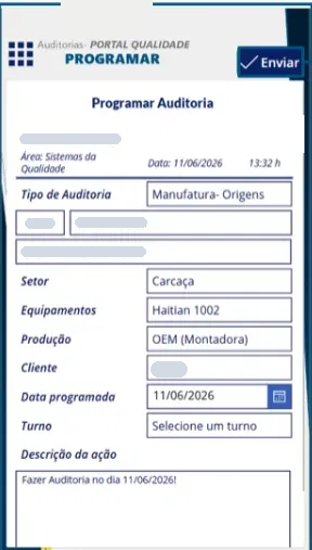 Tela do aplicativo antes: formulário único e comprido de programação de auditoria