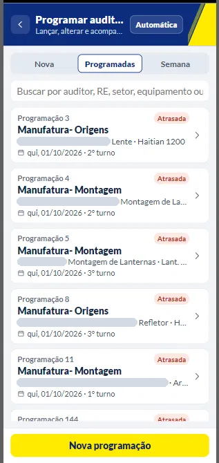 Tela do aplicativo depois: lista de programações em cartões, com abas, busca e status
